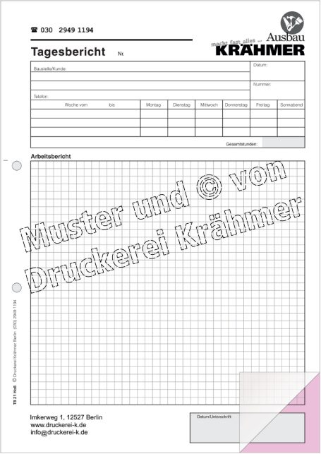 Tagesbericht mit Tabellen zur Aufzeichnung von Arbeitszeiten und -daten.