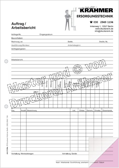 Auftragsformular von Krähmer, mit Platz für Kundendaten und Dienstleistungen.