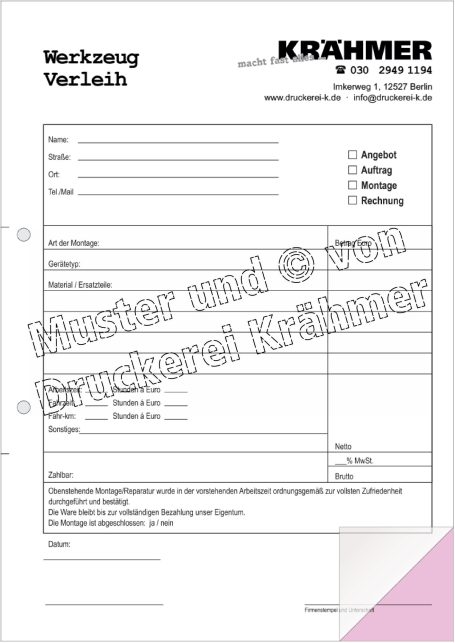 Formular von KRÄHMER, mit Platz für Angaben zu Auftrag und Kontaktdaten.