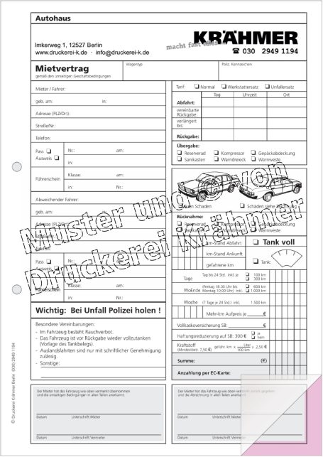 Formular für Mietvertrag mit Angaben zu Fahrzeugdetails und Kontaktdaten.