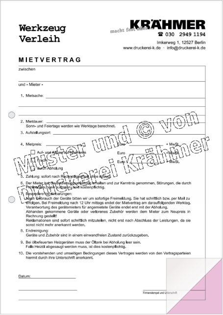 Formular mit dem Titel „Mietvertrag“ und Platz für persönliche Angaben.