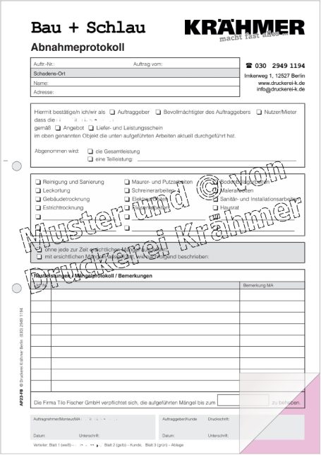 Formular für Bau- und Schließanträge von Krähmer, ausgefüllt mit verschiedenen Angaben.