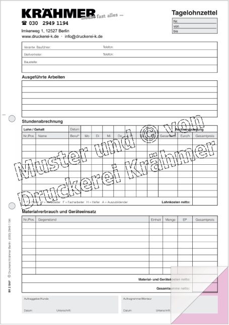 Tagesnachweisformular mit Feldern für persönliche Informationen und Arbeitszeiten.