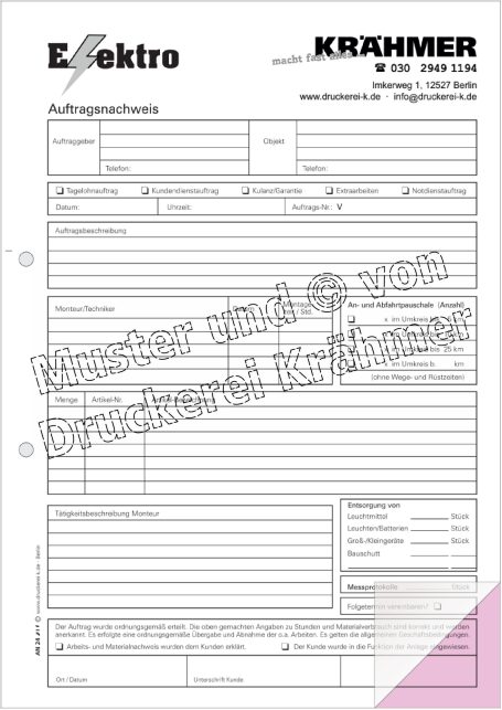 Formular für Elektroinstallation mit Platz für Kunden- und Auftragsdetails.