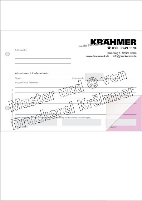 Formular von Krahmer mit Platz für persönliche Angaben und einem stempelartigen Logo.
