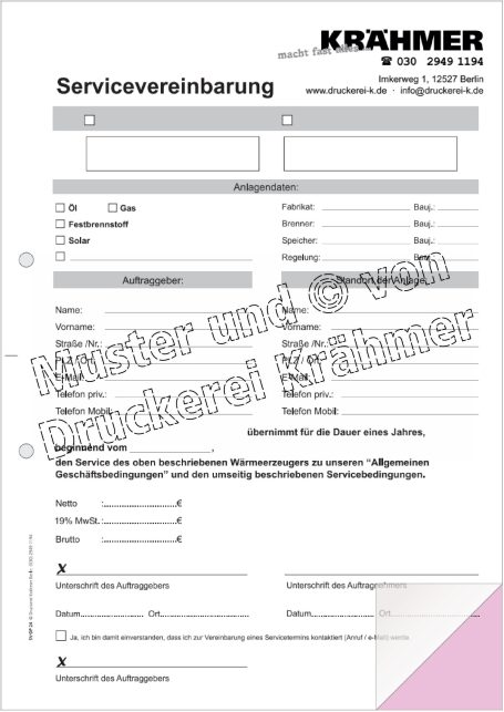 Formular zur Servicevereinbarung mit Platz für persönliche Angaben und Unterschrift.