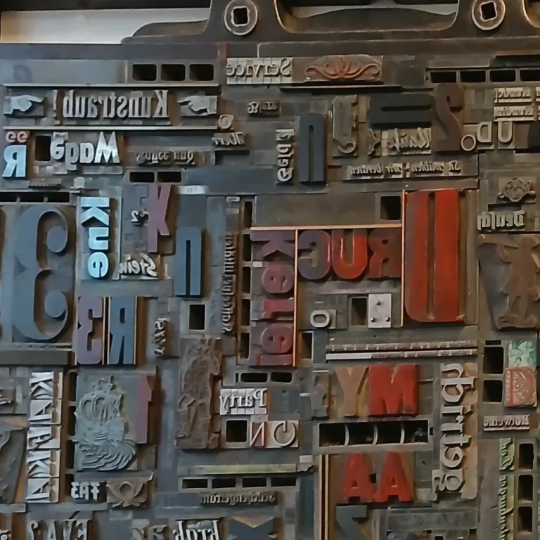Eine Vielzahl von alten Druckbuchstaben und Typografie-Elementen auf einer Holzplatte.