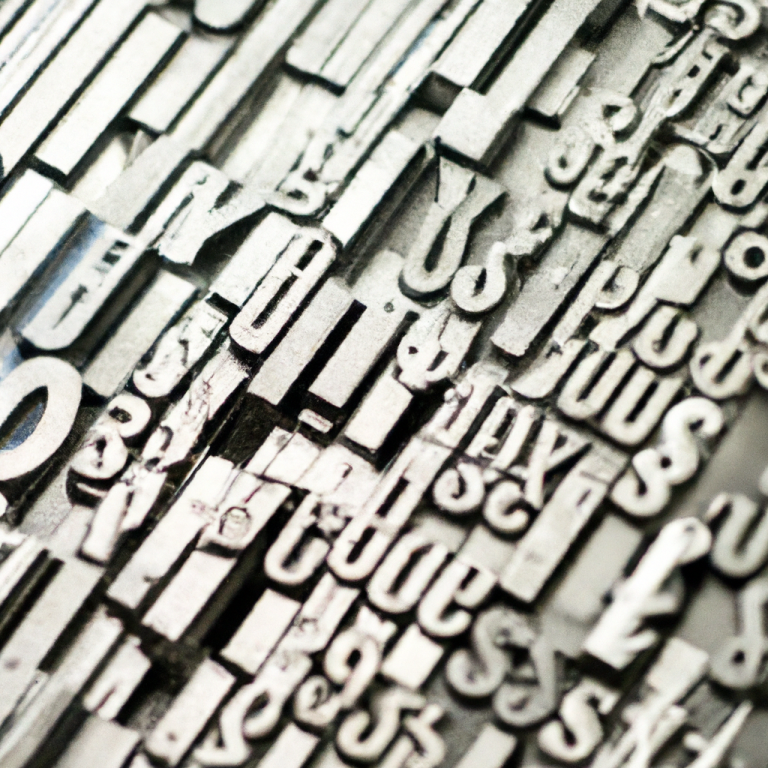 Schriftarten und Zeichen aus Metall in zufälliger Anordnung.