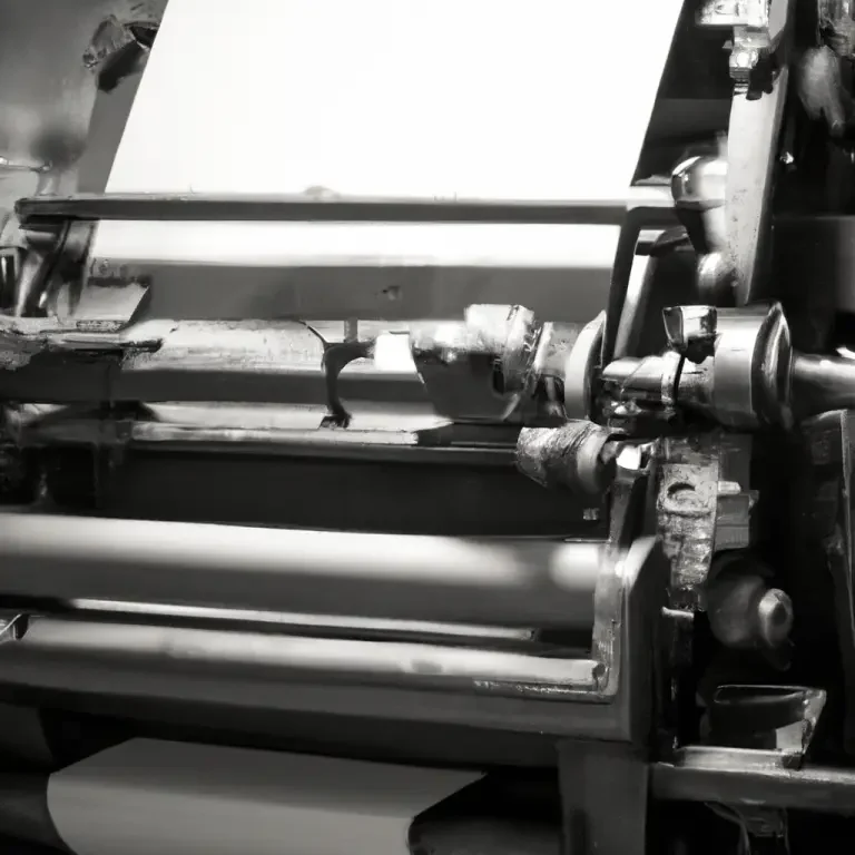 Detailansicht einer alten Druckmaschine mit Rollen und Papier.